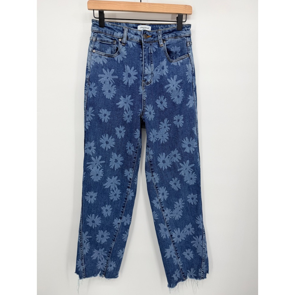 ANNIEWEAR Denim Floral Straight Leg Jeans Women S Blue Excellent Raw Hem